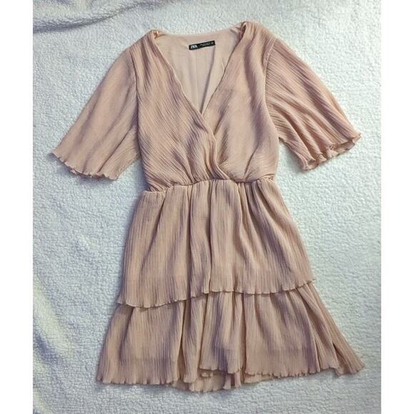 Zara Dresses & Skirts - Like new! Zara Mini Dress Deep V Pleated Pale Pink with sash, Size M